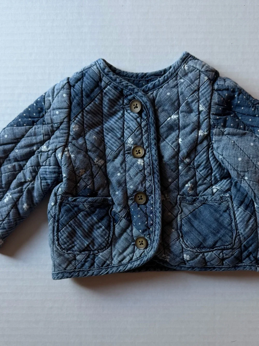 Baby Gap Denim Quilted Patchwork Jacket 0-6M Floral Polka Dot